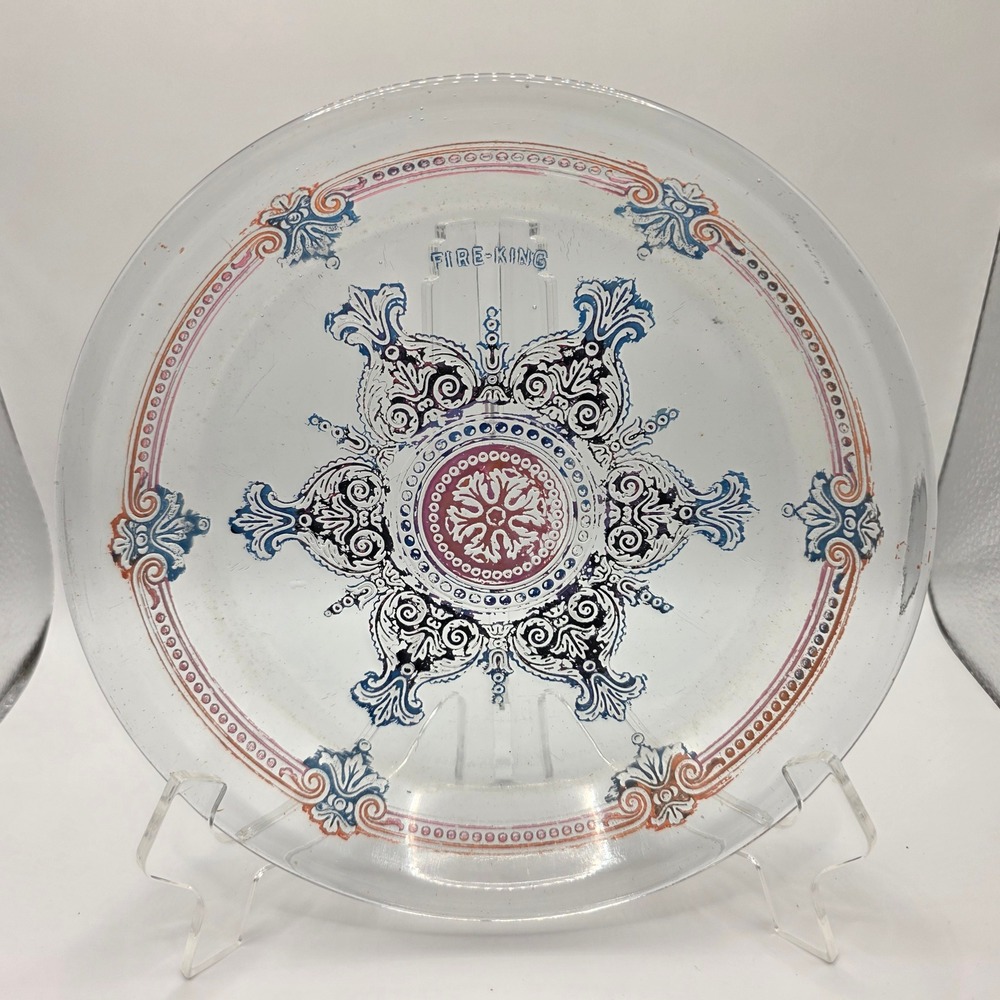 Vintage Fire-King Clear Glass Medallion Plate‎ Blue Red Scroll Pattern 9 inch